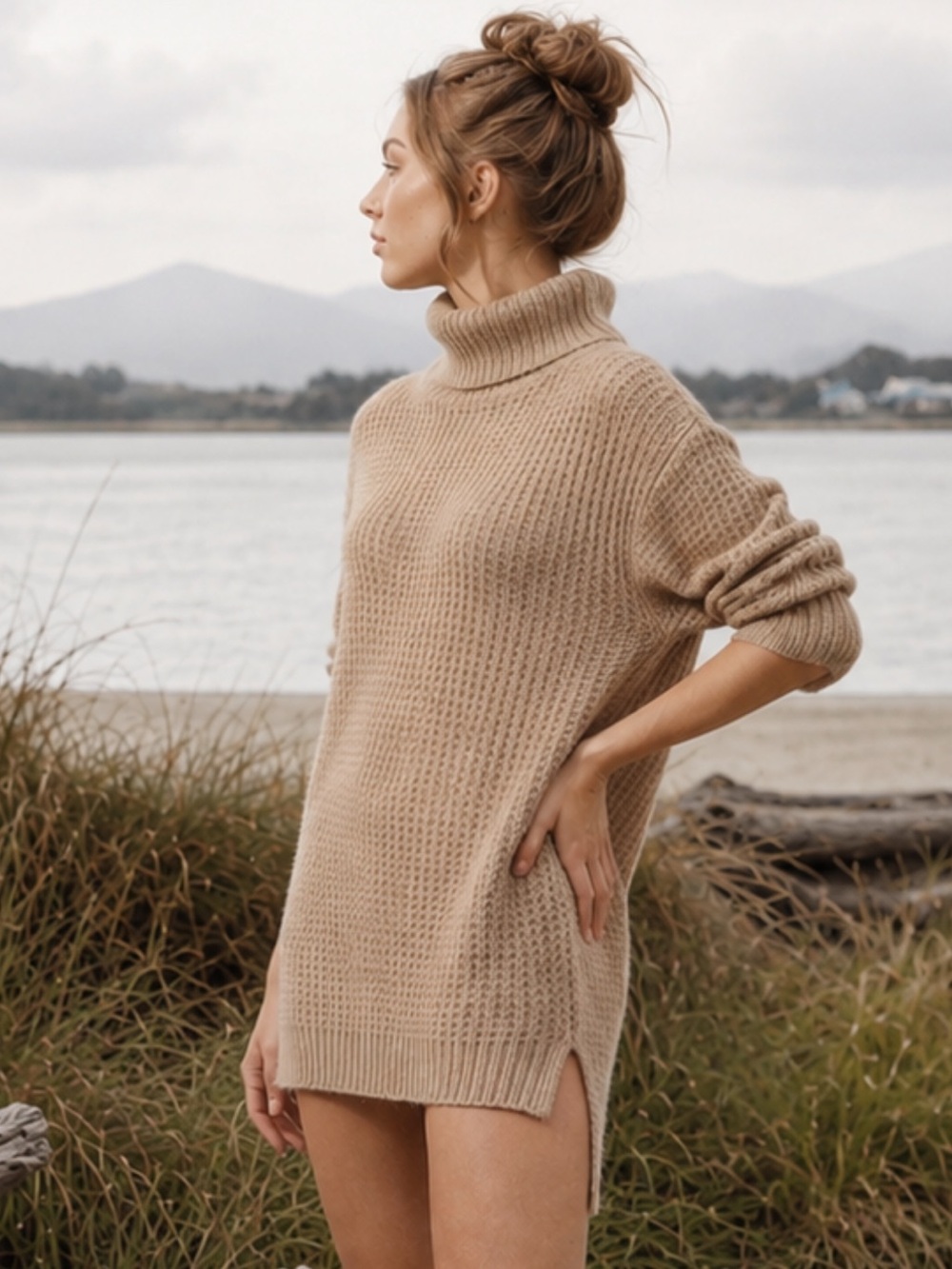Ted Baker Reiignn Chunky Waffle Knit Wool Blend Turtleneck Camel Large Cozy